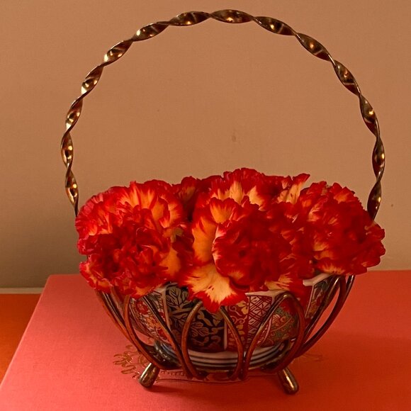 Vintage Whimsical Brass Basket with Handle and China Bowl - Picture 10 of 10